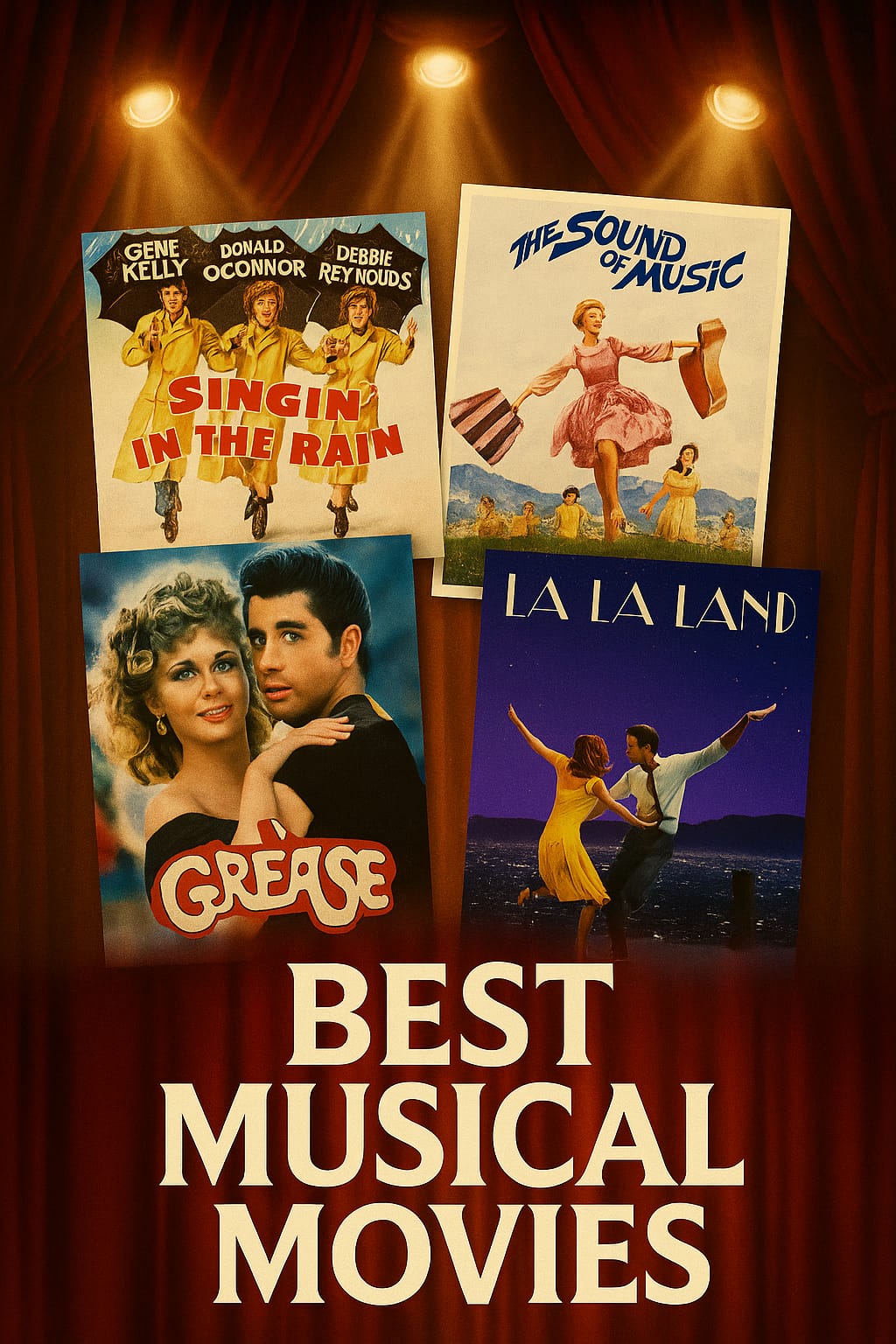 Vertical cinematic poster for “Best Musical Movies,” featuring posters of Singin’ in the Rain, The Sound of Music, Grease, and La La Land against red theater curtains and golden spotlights.