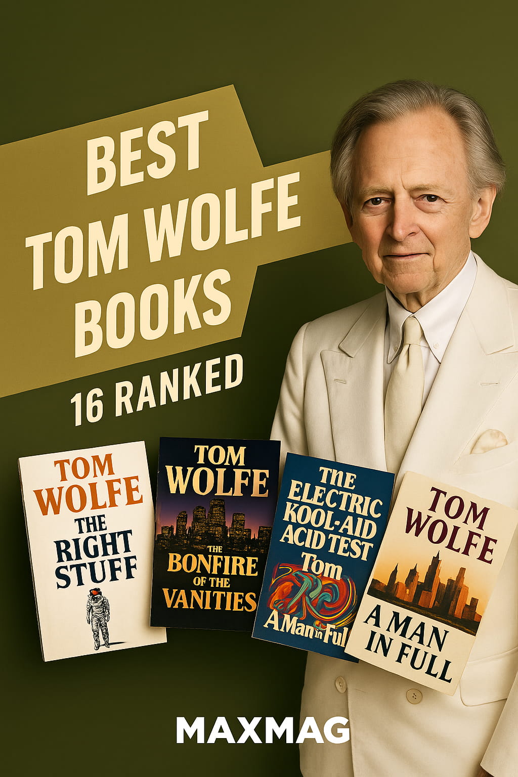 Square thumbnail featuring Tom Wolfe in an off-white suit on a deep-olive background, with large cream title text “BEST TOM WOLFE BOOKS — 16 RANKED,” and four book covers emphasized in the foreground: The Right Stuff, The Bonfire of the Vanities, The Electric Kool-Aid Acid Test, and A Man in Full. “MAXMAG” sits centered at the bottom.