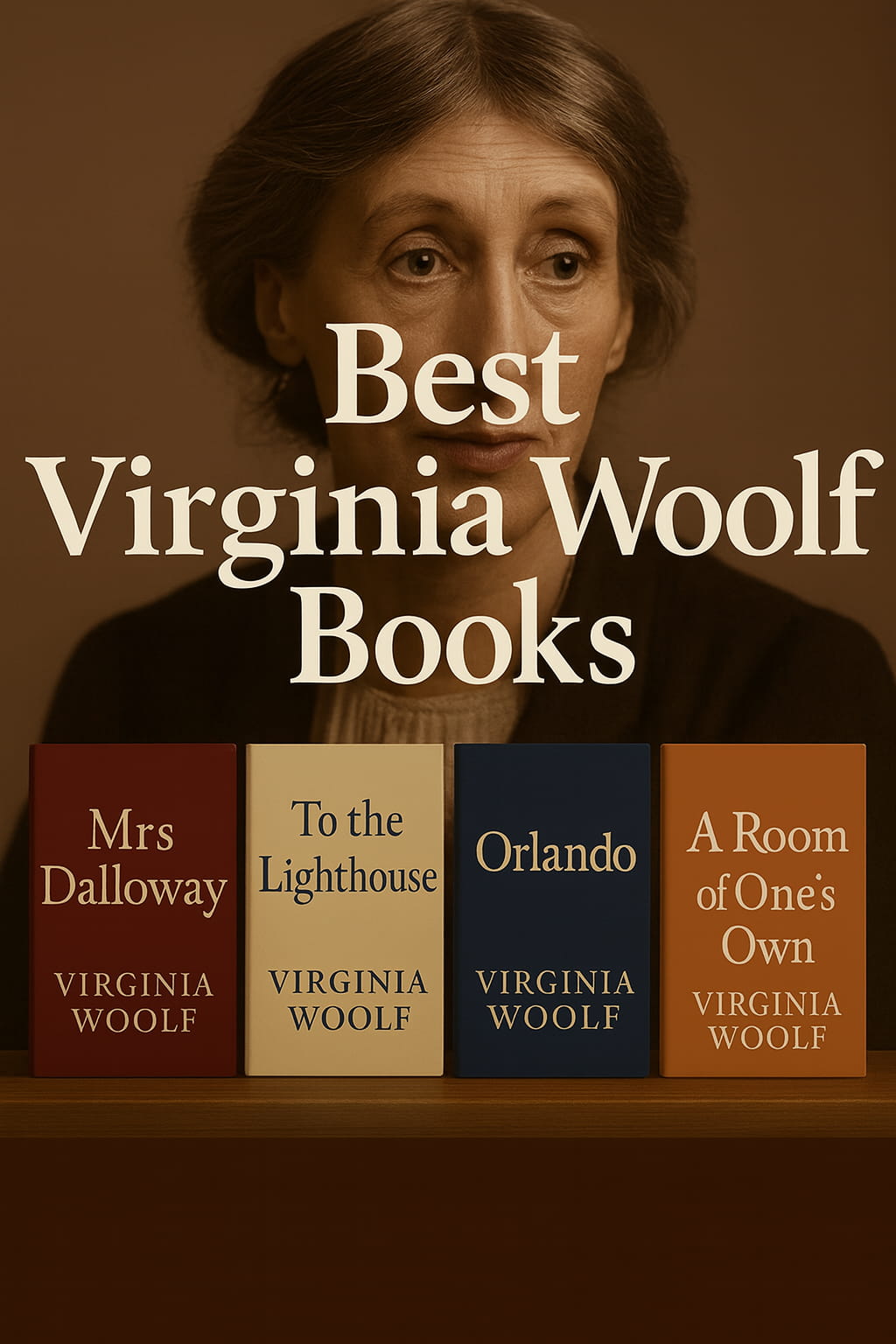 Square thumbnail with a sepia-toned portrait of Virginia Woolf in the background. Large centered title text reads “Best Virginia Woolf Books.” Along the bottom, four upright books are displayed side by side: “Mrs Dalloway,” “To the Lighthouse,” “Orlando,” and “A Room of One’s Own.”