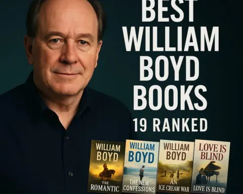 Square thumbnail with a dark teal gradient background. William Boyd’s portrait is on the left; bold white headline on the right reads “BEST WILLIAM BOYD BOOKS” with “19 RANKED” beneath. Four book covers—The Romantic, The New Confessions, An Ice-Cream War, Love Is Blind—are fanned along the bottom above a centered “MAXMAG” wordmark.