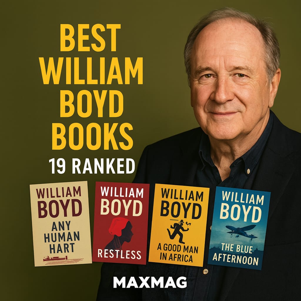 Square thumbnail featuring William Boyd on the right against an olive-green background; bold yellow title on the left reads “BEST WILLIAM BOYD BOOKS,” with “19 RANKED” below; four stylized book jackets along the bottom—Any Human Heart, Restless, A Good Man in Africa, The Blue Afternoon—above a centered “MAXMAG” wordmark.