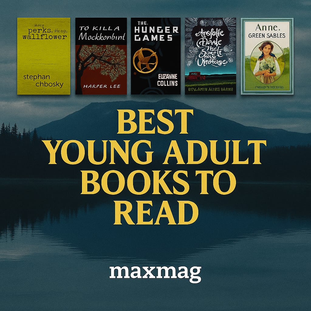 Square cinematic thumbnail showing book covers of The Perks of Being a Wallflower, To Kill a Mockingbird, The Hunger Games, The Absolutely True Diary of a Part-Time Indian, and Anne of Green Gables above golden text reading “Best Young Adult Books to Read,” set over a calm lake and misty mountains.