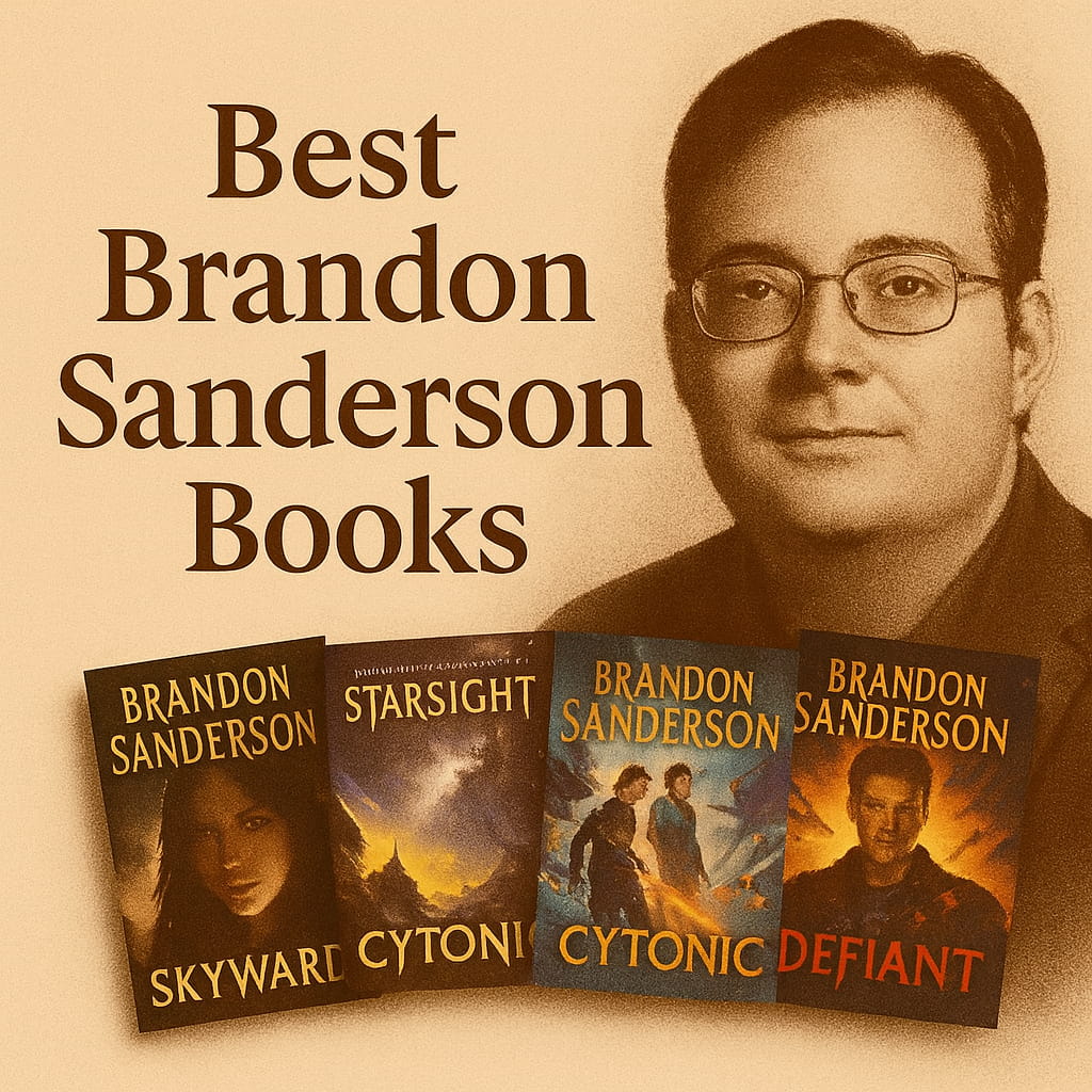 Sepia-toned thumbnail styled like a vintage magazine: “Best Brandon Sanderson Books” in large serif type on the left, a portrait of Brandon Sanderson on the right, and four different covers fanned along the bottom—Skyward, Starsight, Cytonic, and Defiant.