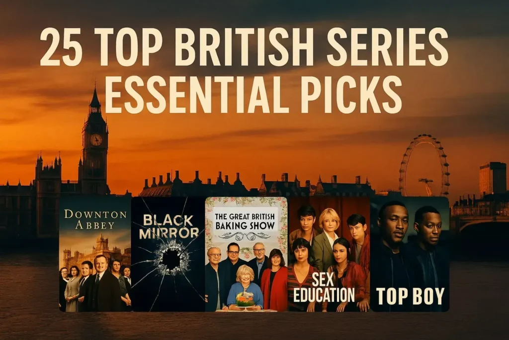 Widescreen cinematic thumbnail for “25 Top British Series – Essential Picks,” featuring the London skyline at sunset with Big Ben and the London Eye, and five series posters — Downton Abbey, Black Mirror, The Great British Baking Show, Sex Education, and Top Boy — aligned at the bottom.