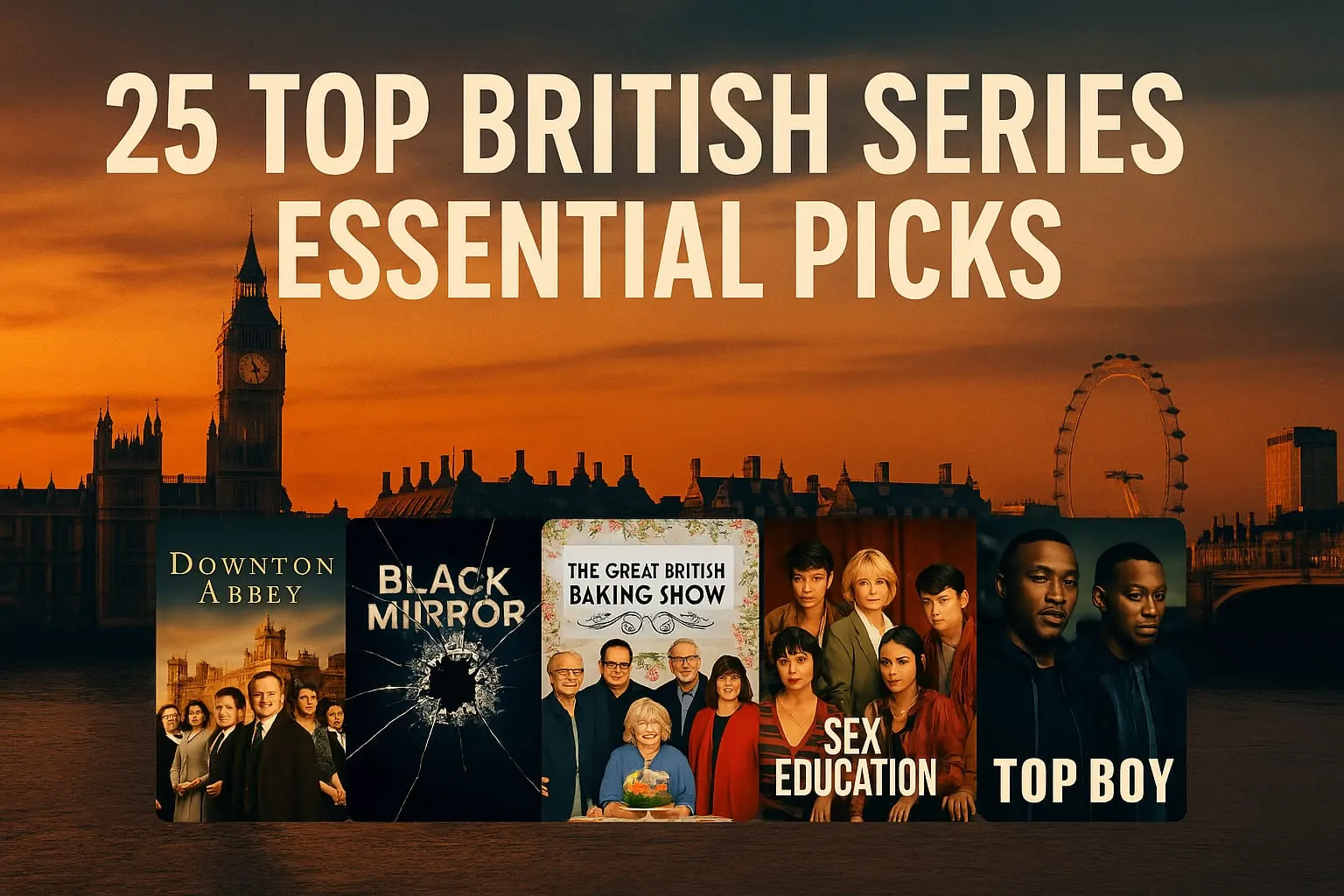 Widescreen cinematic thumbnail for “25 Top British Series – Essential Picks,” featuring the London skyline at sunset with Big Ben and the London Eye, and five series posters — Downton Abbey, Black Mirror, The Great British Baking Show, Sex Education, and Top Boy — aligned at the bottom.