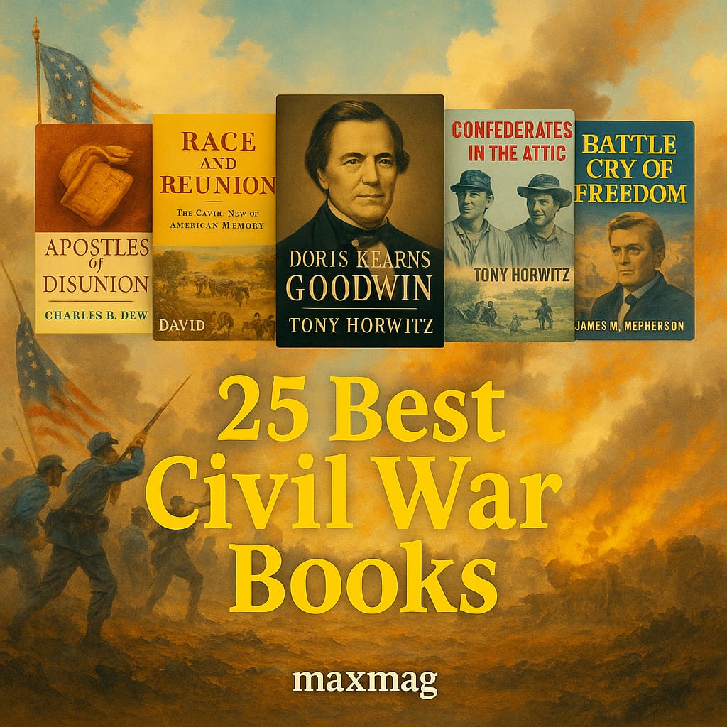 “Vivid blue-orange battlefield background showcasing book covers of For Cause and Comrades, Battle Cry of Freedom, March, The Civil War: A Narrative, and This Republic of Suffering under the title ‘25 Best Civil War Books’ with Maxmag logo.”
