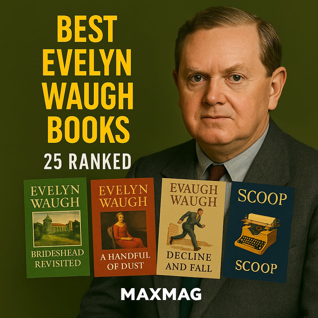 Square olive-green thumbnail in MAXMAG’s “author + four covers” style reading “BEST EVELYN WAUGH BOOKS – 25 RANKED” at left, color portrait of Evelyn Waugh at right. Bottom row shows four covers: Brideshead Revisited, A Handful of Dust, Decline and Fall, and Scoop. MAXMAG wordmark centered below.