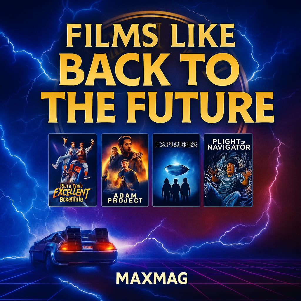 Square thumbnail for “Films Like Back to the Future,” featuring a neon-blue, lightning-charged background with a DeLorean silhouette. Four poster tiles—Bill & Ted’s Excellent Adventure, The Adam Project, Explorers, and Flight of the Navigator—sit centered above the MAXMAG badge.