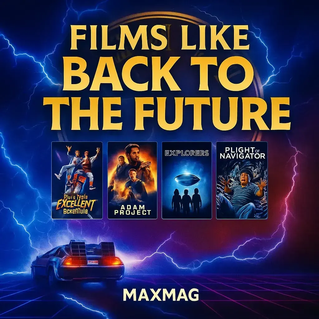 Square thumbnail for “Films Like Back to the Future,” featuring a neon-blue, lightning-charged background with a DeLorean silhouette. Four poster tiles—Bill & Ted’s Excellent Adventure, The Adam Project, Explorers, and Flight of the Navigator—sit centered above the MAXMAG badge.