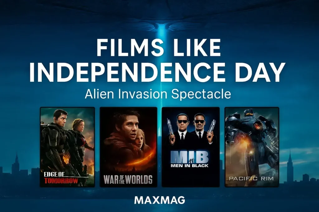 Rectangular “films like Independence Day” thumbnail with an Independence Day–style skyline and mothership beam, bold title across the centre, subtitle “Alien Invasion Spectacle,” four posters in a row—Edge of Tomorrow, War of the Worlds, Men in Black, Pacific Rim—and MAXMAG at the bottom centre.