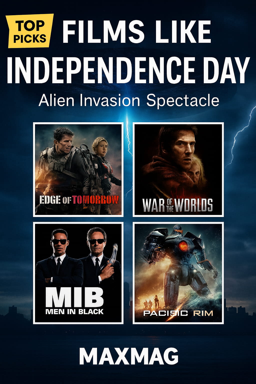 Four-Poster Grid “films like Independence Day” thumbnail in the Percy-style layout: stormy skyline and hovering UFO background, header “TOP PICKS • FILMS LIKE INDEPENDENCE DAY,” subtitle “Alien Invasion Spectacle,” four posters—Edge of Tomorrow, War of the Worlds, Men in Black, Pacific Rim—in a 2×2 grid, and “MAXMAG” centered at the bottom.