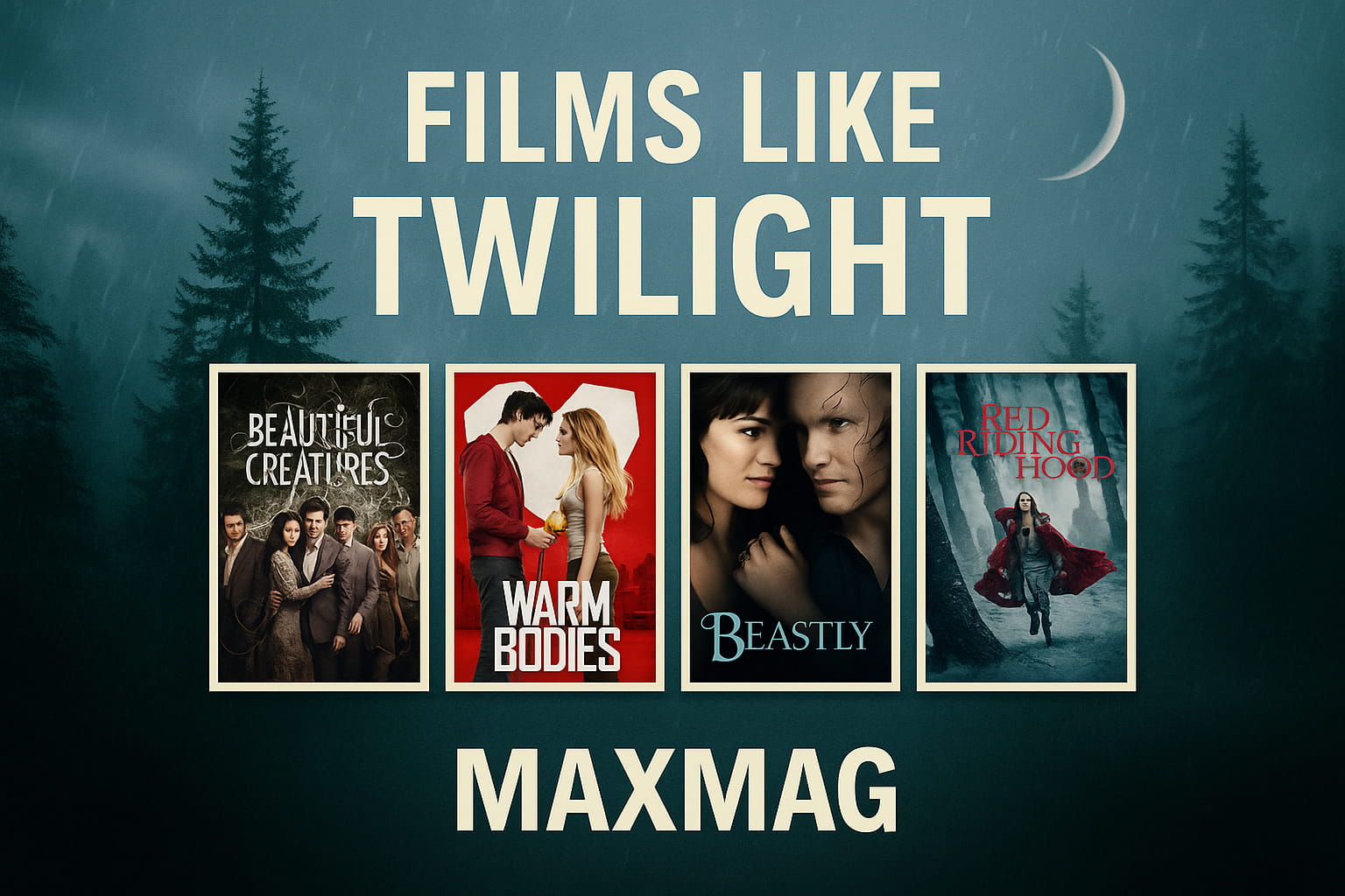 Rectangular cinematic thumbnail titled “Films Like Twilight” with a misty forest, crescent moon, and four posters—Beautiful Creatures, Warm Bodies, Beastly, and Red Riding Hood—arranged in a row above “MAXMAG.”