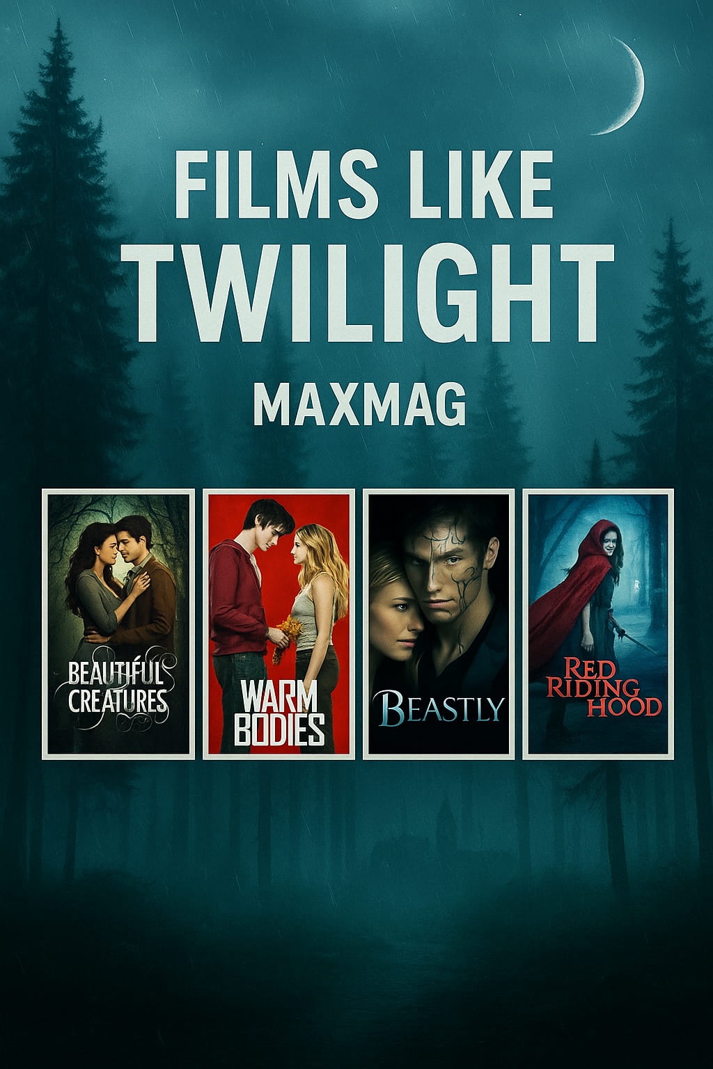 Cinematic “Films Like Twilight” thumbnail with a misty Pacific Northwest forest, light rain, and a crescent moon; four posters—Beautiful Creatures, Warm Bodies, Beastly, Red Riding Hood—lined up beneath the title and “MAXMAG.”