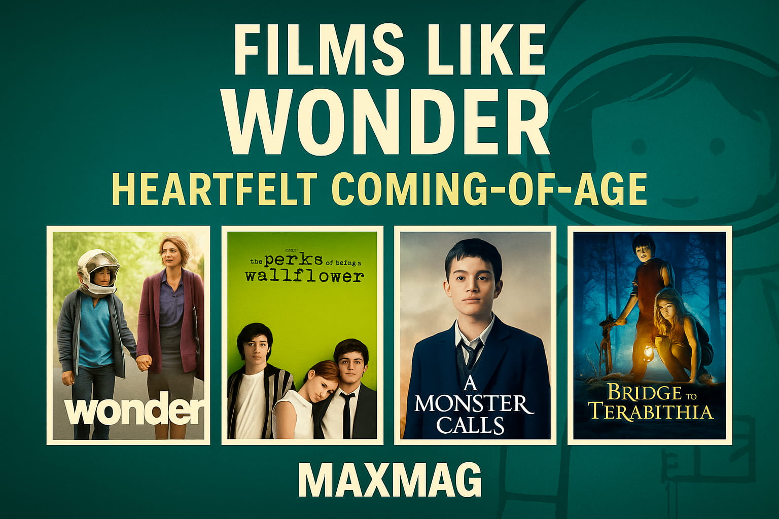 Thumbnail reading ‘Films Like Wonder’ over a teal background with a subtle astronaut-helmet sketch; four posters in a row: Wonder, The Perks of Being a Wallflower, A Monster Calls, Bridge to Terabithia; MAXMAG at bottom