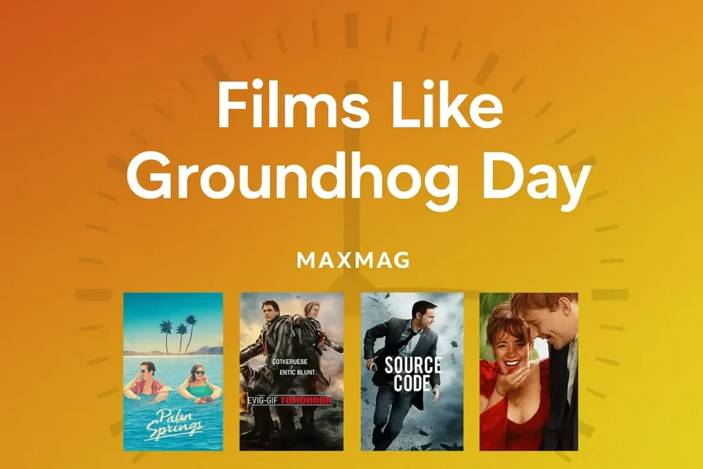 Cinematic rectangular thumbnail for “Films Like Groundhog Day,” featuring a warm orange gradient background with clock-like radial details, the title in bold white text, MAXMAG branding below, and four movie posters—Palm Springs, Edge of Tomorrow, Source Code, and About Time—aligned horizontally at the bottom.