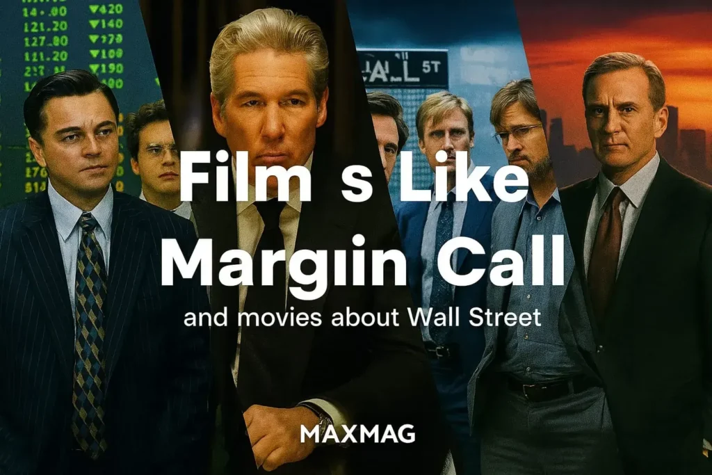 Cinematic collage thumbnail featuring scenes from Wall Street-themed films with the title “Films Like Margin Call” and subtitle “and movies about Wall Street,” showing characters from The Wolf of Wall Street, The Big Short, Inside Job, and Arbitrage, with MAXMAG branding at the bottom.