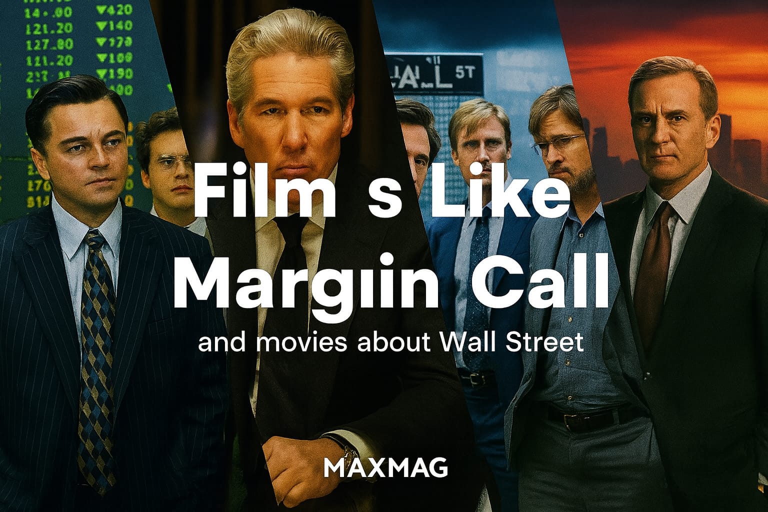 Cinematic collage thumbnail featuring scenes from Wall Street-themed films with the title “Films Like Margin Call” and subtitle “and movies about Wall Street,” showing characters from The Wolf of Wall Street, The Big Short, Inside Job, and Arbitrage, with MAXMAG branding at the bottom.