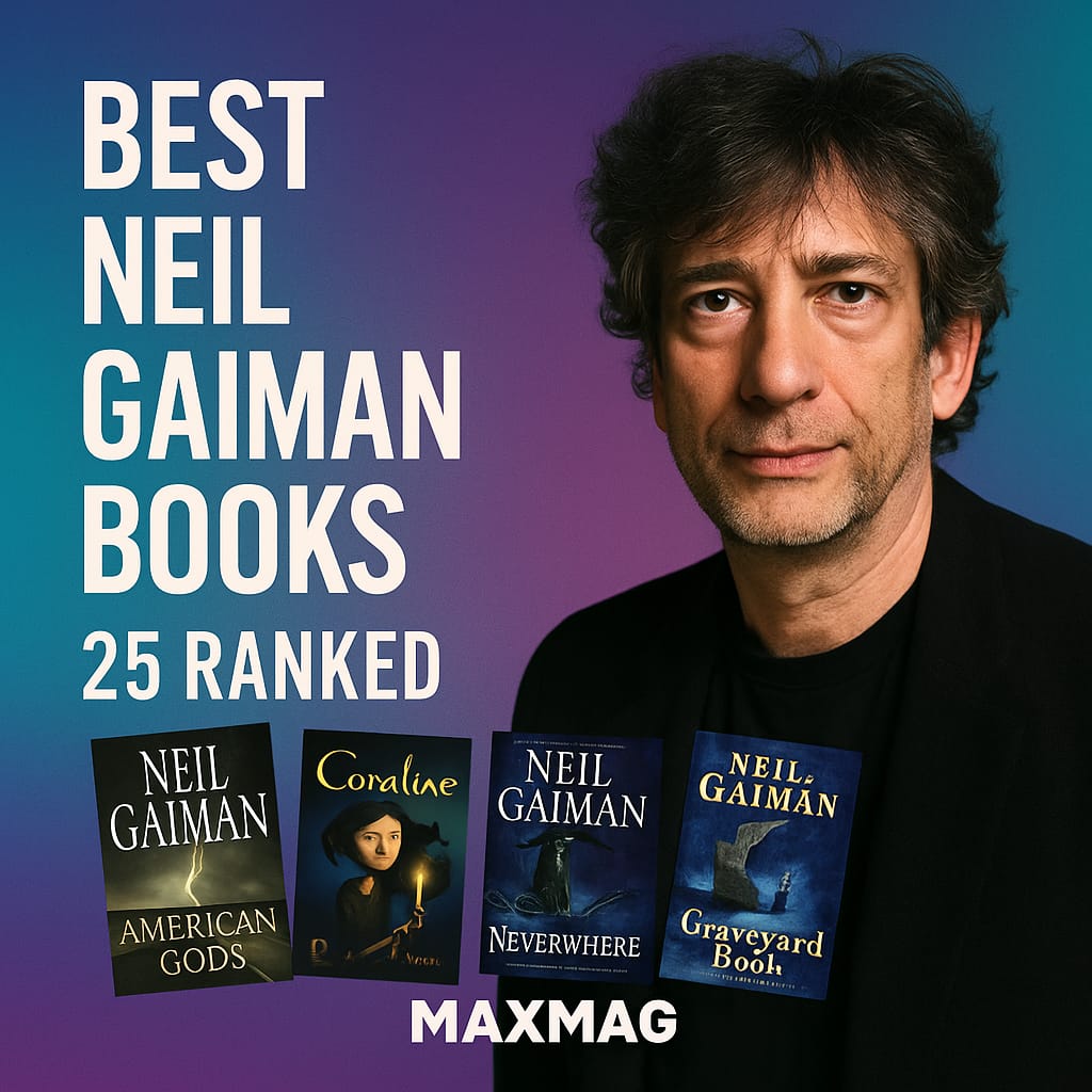 Square gradient thumbnail featuring Neil Gaiman’s portrait on the right, teal-to-violet background, bold white title “BEST NEIL GAIMAN BOOKS,” subline “25 RANKED,” four book jackets along the bottom (“American Gods,” “Coraline,” “Neverwhere,” “The Graveyard Book”), and “MAXMAG” centered at the bottom.