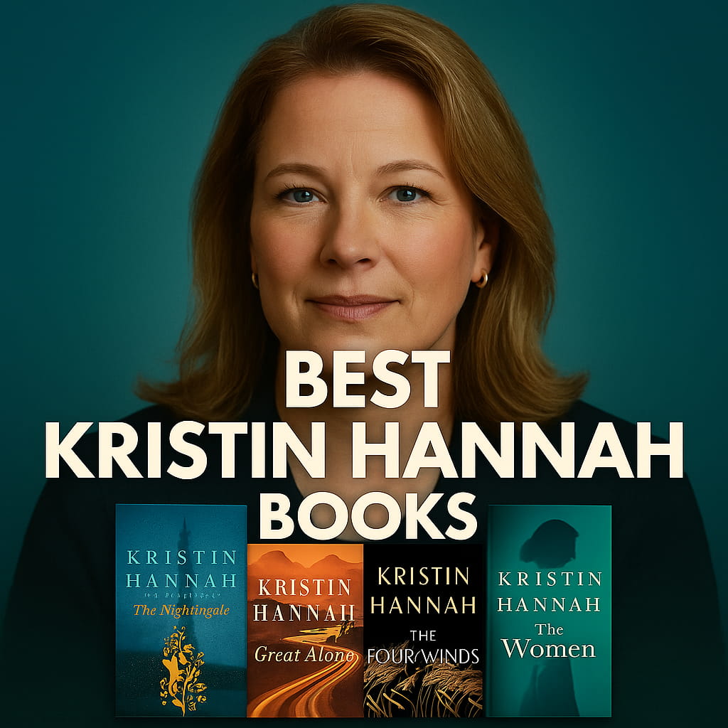 Square thumbnail with a portrait of Kristin Hannah as the background. Centered headline reads “BEST KRISTIN HANNAH BOOKS.” Along the bottom, four realistic covers—The Nightingale, The Great Alone, The Four Winds, and The Women—are arranged in a clean row with subtle shadows.