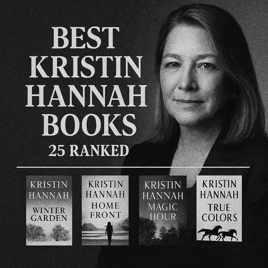 “Newspaper Noir” thumbnail for “Best Kristin Hannah Books.” Black-and-white, grainy film texture. Right side: stark author portrait. Left: large serif headline with “25 Ranked.” Bottom row shows four monochrome covers—“Winter Garden,” “Home Front,” “Magic Hour,” and “True Colors.”