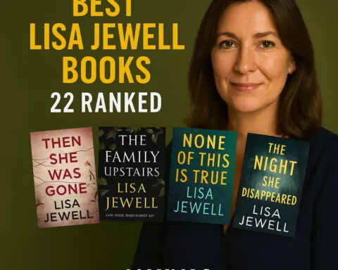 Square thumbnail in olive green with bold yellow title “BEST LISA JEWELL BOOKS – 22 RANKED” on the left, a portrait of Lisa Jewell on the right, four redesigned book covers (“Then She Was Gone,” “The Family Upstairs,” “None of This Is True,” “The Night She Disappeared”) along the bottom, and “MAXMAG” centered at the bottom.
