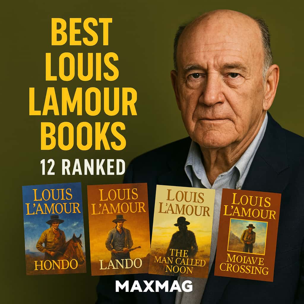 Square thumbnail featuring Louis L’Amour’s portrait on the right, bold yellow title “BEST LOUIS LAMOUR BOOKS — 12 RANKED” on the left, four faux book covers along the bottom (Hondo, Lando, The Man Called Noon, Mojave Crossing), and “MAXMAG” centered at the bottom.