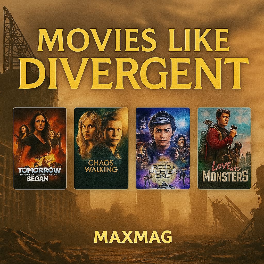 Promotional poster titled “MOVIES LIKE DIVERGENT,” featuring four dystopian adventure films—Tomorrow, When the War Began, Chaos Walking, Ready Player One, and Love and Monsters—set against a warm-toned post-apocalyptic city background with the MAXMAG logo below.