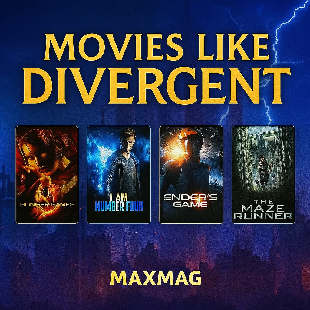 A cinematic poster titled “MOVIES LIKE DIVERGENT,” featuring four films—The Hunger Games, I Am Number Four, Ender’s Game, and The Maze Runner—set against a dark futuristic cityscape with blue lightning and glowing yellow title text.