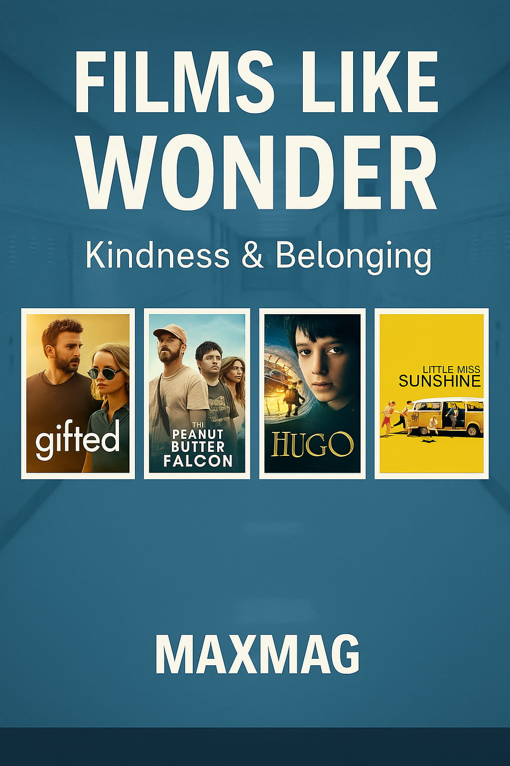 Thumbnail reading ‘Films Like Wonder’ over a soft blue school-hallway background; four posters in a row: Gifted, The Peanut Butter Falcon, Hugo, Little Miss Sunshine; MAXMAG at bottom.