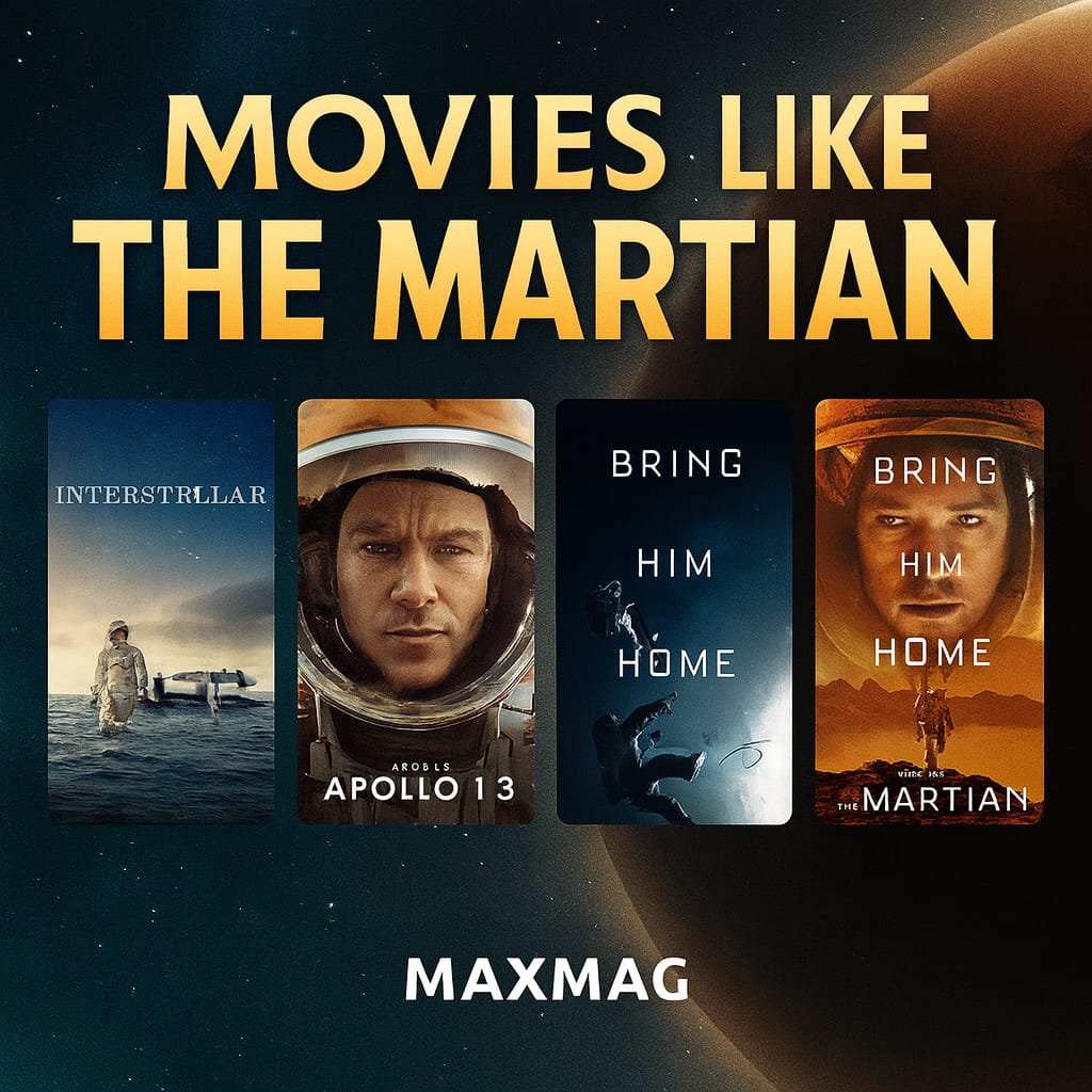 Cinematic thumbnail showing four movie posters—Interstellar, Apollo 13, Gravity, and The Martian—against a starry Mars background with the title “MOVIES LIKE THE MARTIAN” in gold at the top and “MAXMAG” centered at the bottom.
