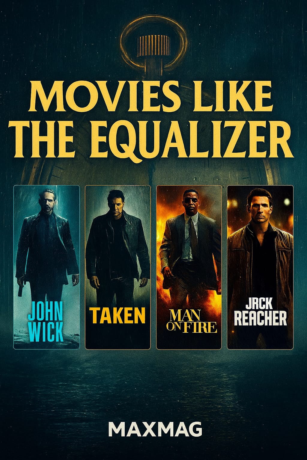 Cinematic thumbnail for ‘Movies Like The Equalizer’ featuring four action posters—John Wick, Taken, Man on Fire, and Jack Reacher—against a rainy blue background with a golden stopwatch motif and MAXMAG branding
