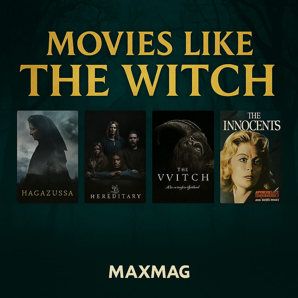 Square thumbnail titled “Movies Like The Witch,” featuring posters of Hagazussa, Hereditary, The Witch, and The Innocents set against a misty dark forest background.