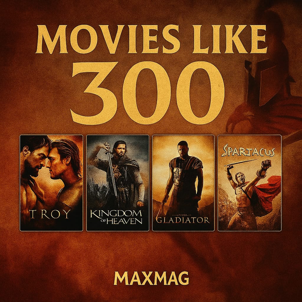 Poster for “Movies Like 300,” featuring golden typography over a Spartan-themed battlefield background. Four film posters—Troy, Kingdom of Heaven, Gladiator, and Spartacus—are aligned beneath the title, with “MAXMAG” centered at the bottom.