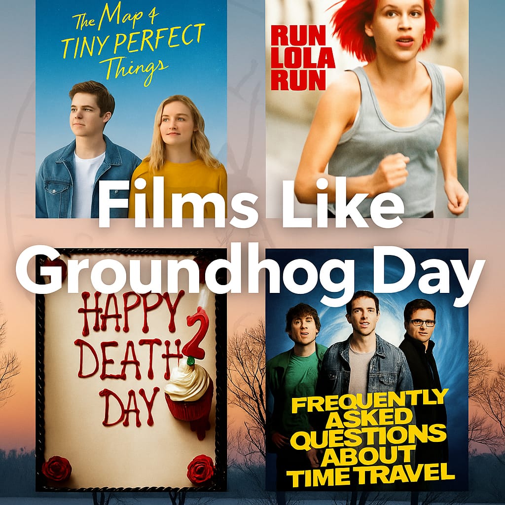 Rectangle thumbnail for “Films Like Groundhog Day,” featuring four movie posters—The Map of Tiny Perfect Things, Run Lola Run, Happy Death Day, and Frequently Asked Questions About Time Travel—against a soft dawn background with subtle clock imagery. The title appears in large white text at center, with MAXMAG branding at the bottom.