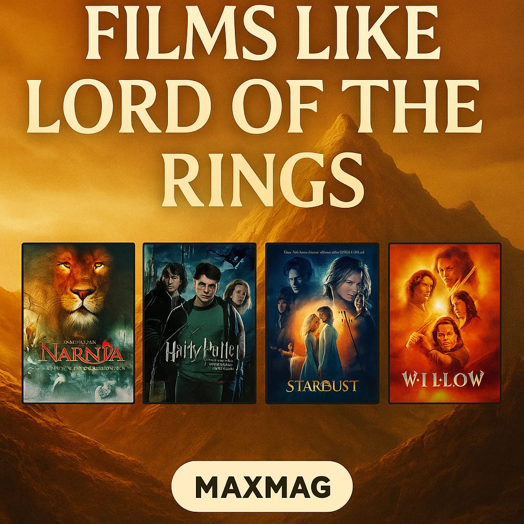 Golden cinematic thumbnail for “films like Lord of the Rings,” featuring mountain peaks under warm light, four aligned movie posters (The Chronicles of Narnia, Harry Potter and the Prisoner of Azkaban, Stardust, Willow), large title text above, and MAXMAG branding below.