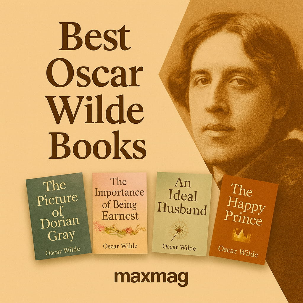 Warm sepia square thumbnail titled “Best Oscar Wilde Books” with a diagonal cut revealing a portrait of Oscar Wilde on the right; four tilted book covers along the bottom—The Picture of Dorian Gray, The Importance of Being Earnest, An Ideal Husband, The Happy Prince—and “maxmag” centered at the bottom.
