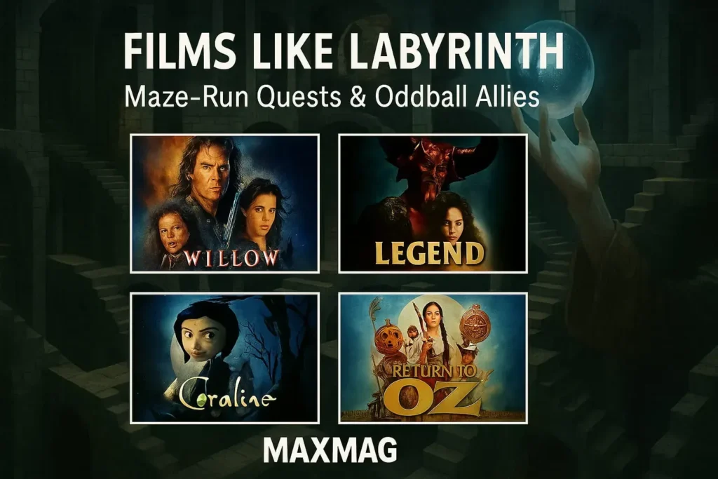 Rectangular thumbnail titled “FILMS LIKE LABYRINTH” over an Escher-style maze with a glowing crystal orb; four posters featured: Willow, Legend, Coraline, and Return to Oz; MAXMAG at the bottom center.