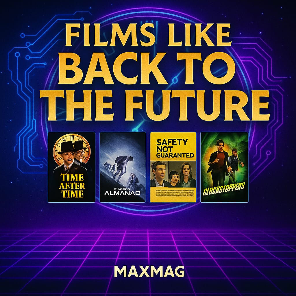 Square thumbnail “Films Like Back to the Future” with a neon circuit-clock background and purple grid floor. Four posters—Time After Time, Project Almanac, Safety Not Guaranteed, and Clockstoppers—sit centered above the MAXMAG badge.