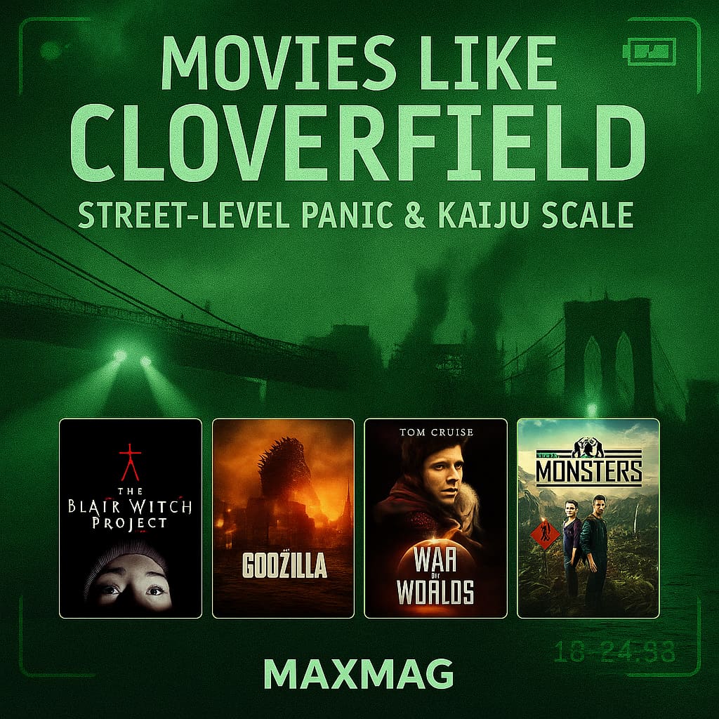 Square “Movies Like Cloverfield” thumbnail with night-vision green camcorder vibe, ruined Brooklyn Bridge silhouette, searchlights, and four mini posters: The Blair Witch Project, Godzilla (2014), War of the Worlds (2005), Monsters (2010). Bold title at top, subtitle “Street-Level Panic & Kaiju Scale,” MAXMAG centered at bottom.
