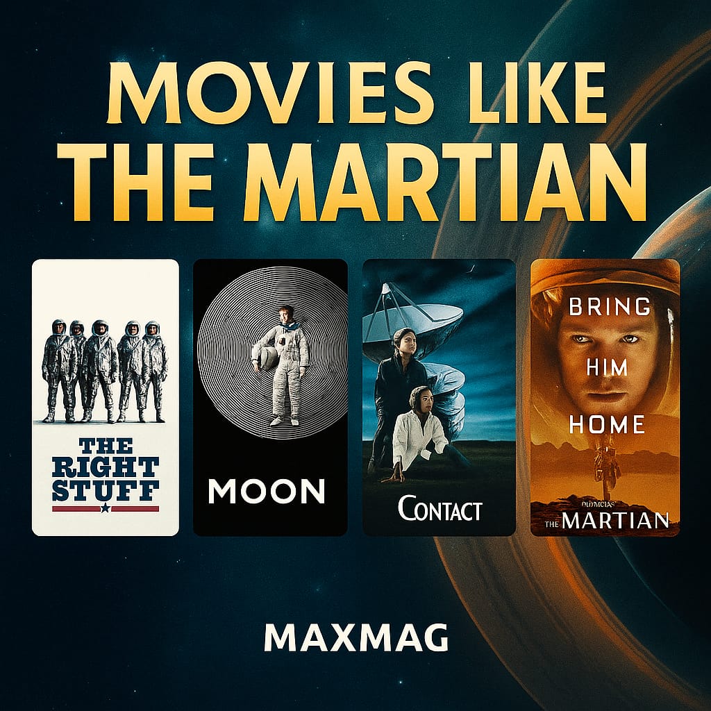 Cinematic thumbnail for Movies Like The Martian featuring posters of The Right Stuff, Moon, Contact, and The Martian against a cosmic ringed-planet background with golden title text and “MAXMAG” at the bottom.