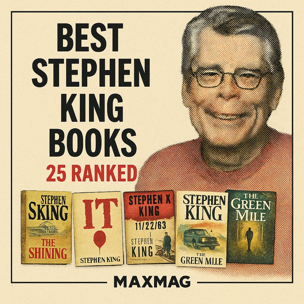Vintage-newspaper-style square thumbnail with a colorized halftone portrait of Stephen King on the right; bold black title on the left reading “BEST STEPHEN KING BOOKS” and a red subline “25 RANKED”; four stylized, color book jackets—The Shining, It, 11/22/63, The Green Mile—angled along the bottom; “MAXMAG” centered at the bottom.