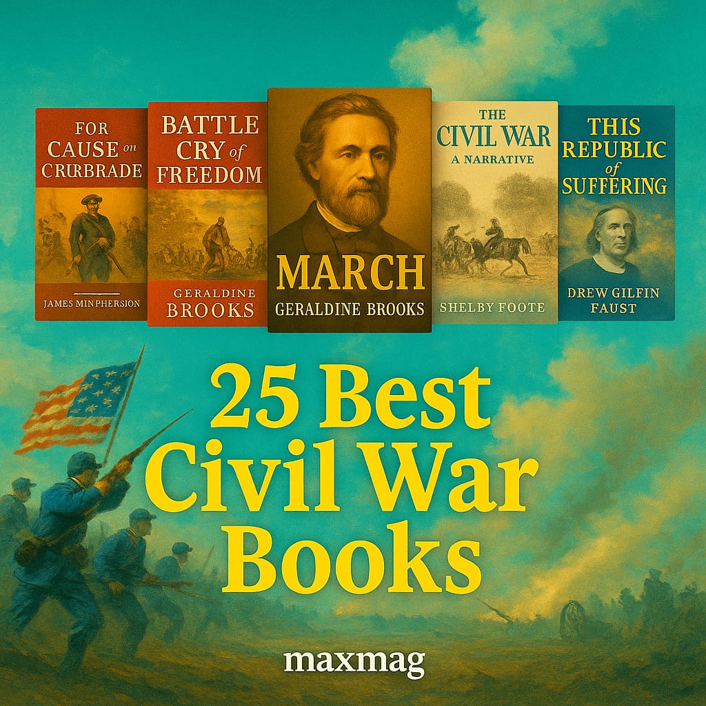 “Vivid blue-orange battlefield background showcasing book covers of For Cause and Comrades, Battle Cry of Freedom, March, The Civil War: A Narrative, and This Republic of Suffering under the title ‘25 Best Civil War Books’ with Maxmag logo.”
