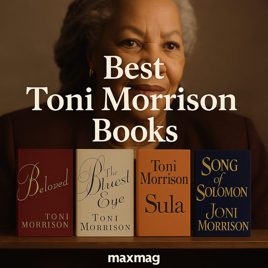 Square thumbnail with Toni Morrison’s portrait as a soft-focus background; centered headline “Best Toni Morrison Books”; four books—Beloved, The Bluest Eye, Sula, Song of Solomon—displayed side-by-side on a shelf; “maxmag” wordmark centered at the bottom.