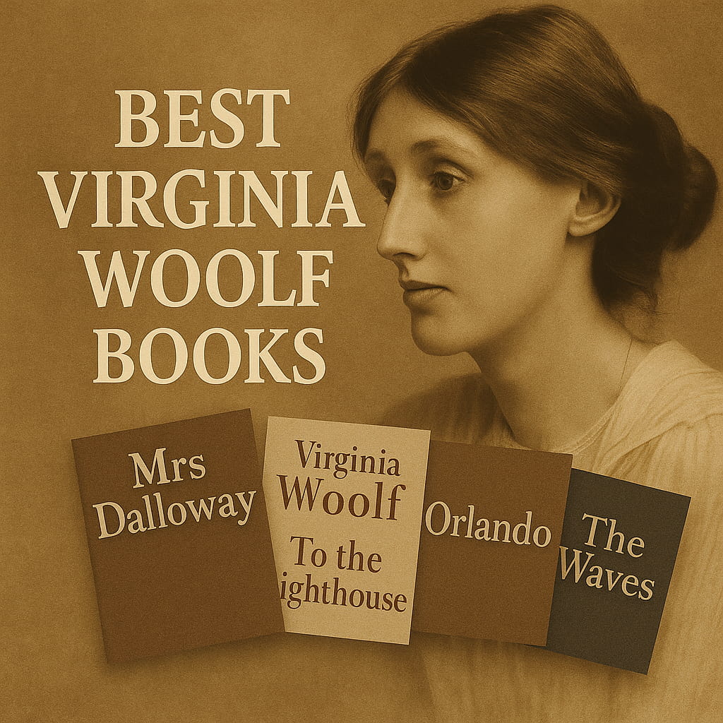 Best Virginia Woolf Books — square sepia thumbnail with Virginia Woolf’s portrait on the right and four classic covers (Mrs Dalloway, To the Lighthouse, Orlando, The Waves) fanned along the bottom-left.