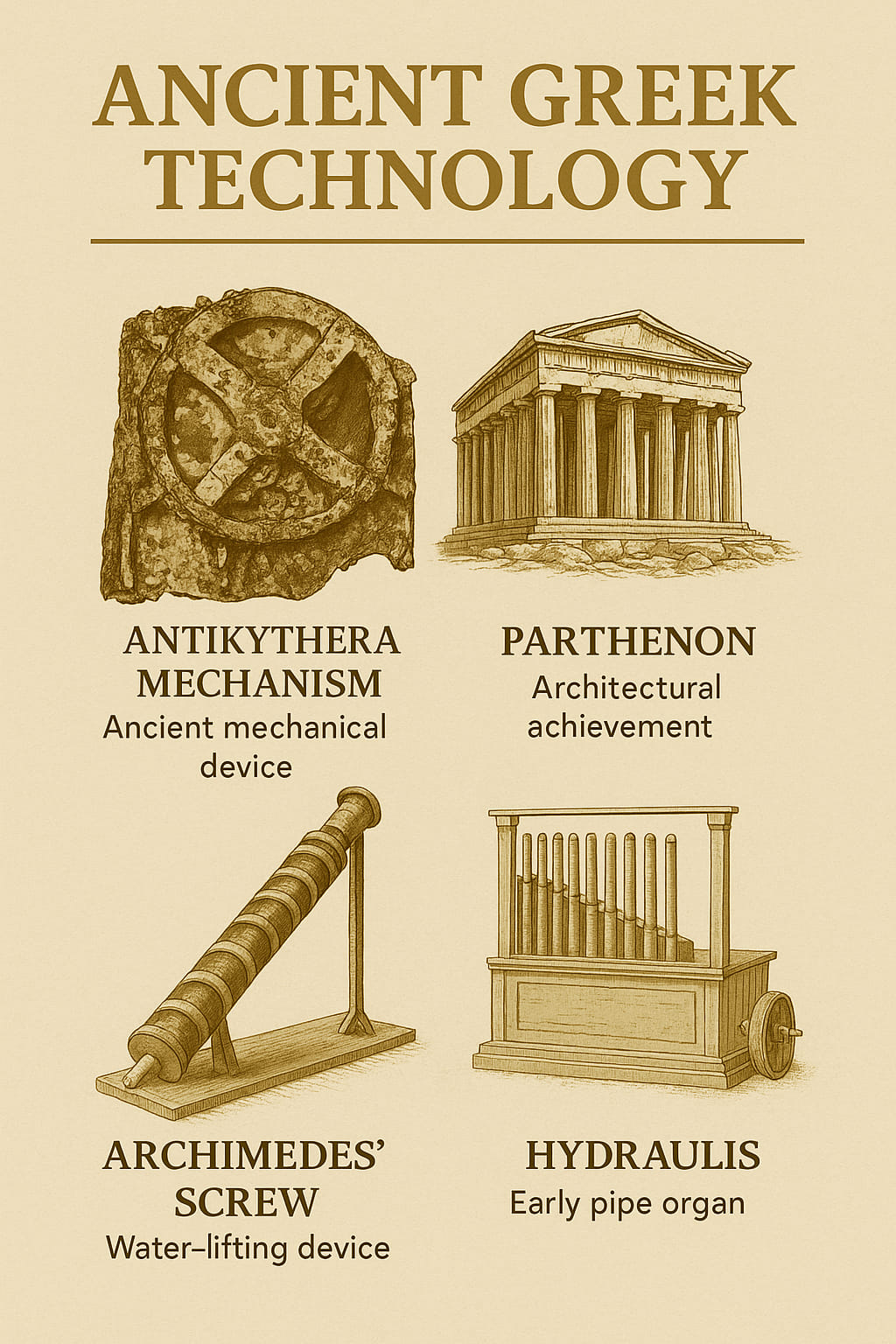 nfographic illustrating key achievements of ancient Greek technology — the Antikythera mechanism, Parthenon, Archimedes’ screw, and hydraulis — on parchment background with classical typography.