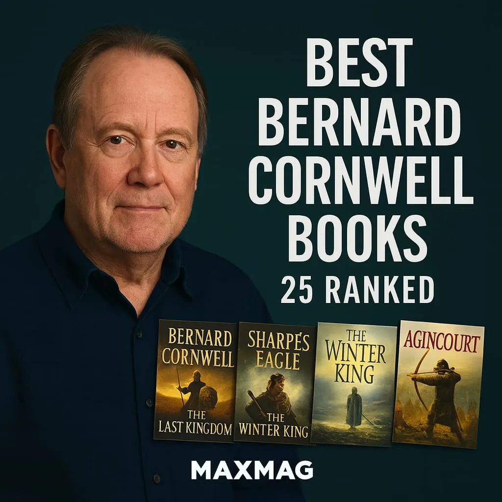 Square MAXMAG thumbnail in the William-Boyd layout: dark teal background, bold white headline “BEST BERNARD CORNWELL BOOKS — 25 RANKED” on the right, Bernard Cornwell portrait on the left, four stylized book tiles along the bottom (“The Last Kingdom,” “Sharpe’s Eagle,” “The Winter King,” “Agincourt”), and “MAXMAG” centered at the bottom.