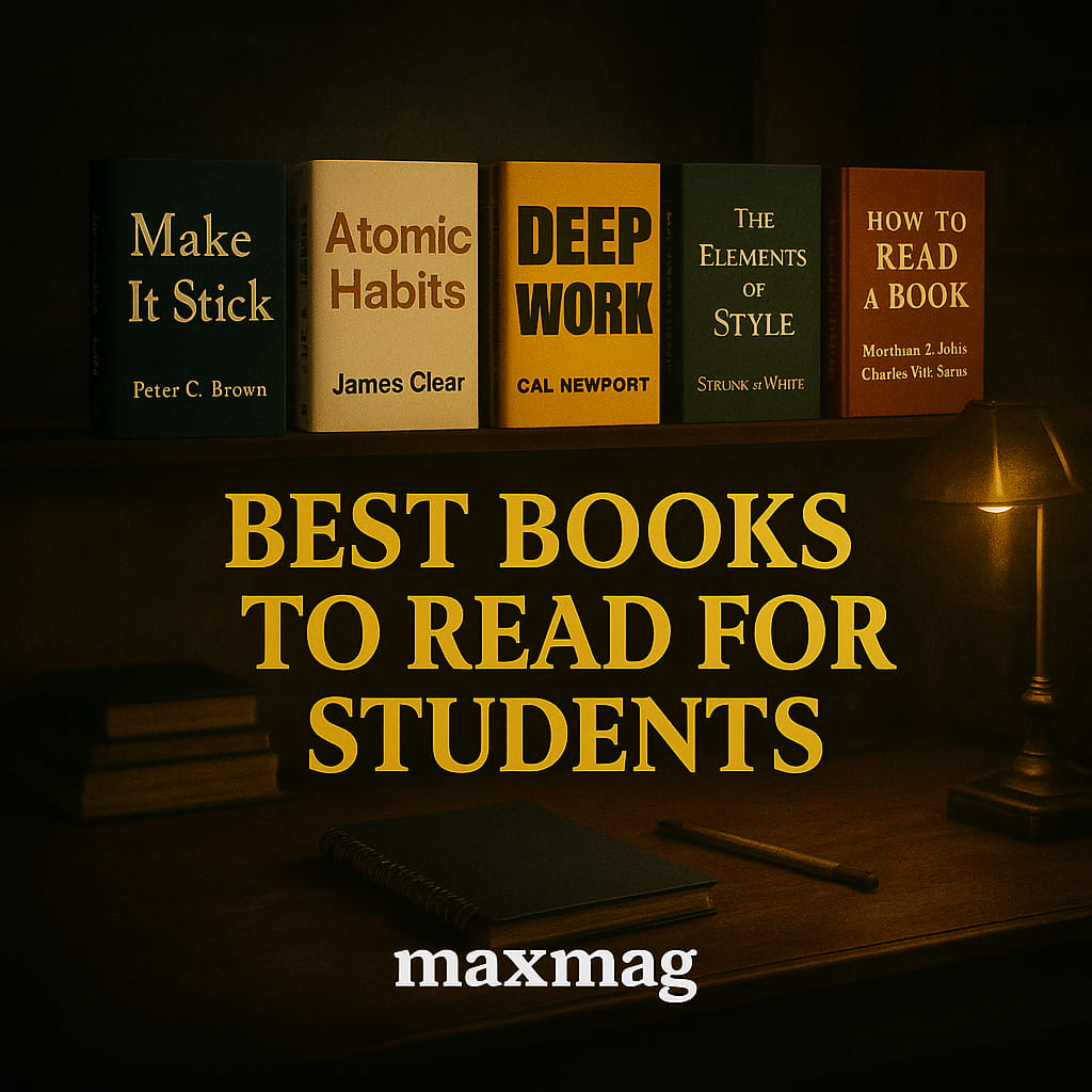 Thumbnail collage titled “Best Books to Read for Students,” featuring five book covers—Mindset, Grit, Thinking, Fast and Slow, Sapiens, and A Short History of Nearly Everything—set on a glossy library table with bright, sunlit background and “maxmag” text at the bottom.