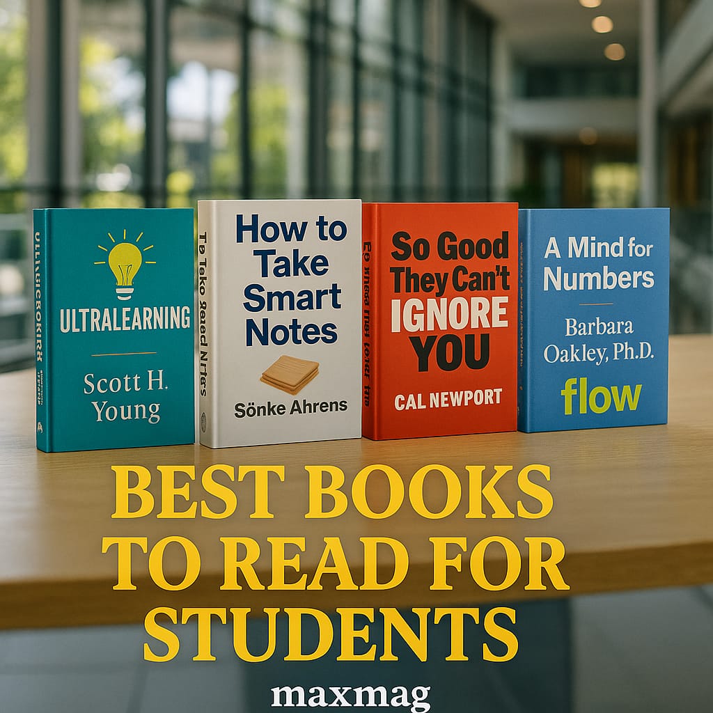 Best Books to Read for Students” thumbnail with five realistic dust-jacket covers—Ultralearning (Scott H. Young), How to Take Smart Notes (Sönke Ahrens), So Good They Can’t Ignore You (Cal Newport), A Mind for Numbers (Barbara Oakley), and Flow (Mihaly Csikszentmihalyi)—shot in a bright glass-walled campus atrium; “maxmag” text centered at the bottom