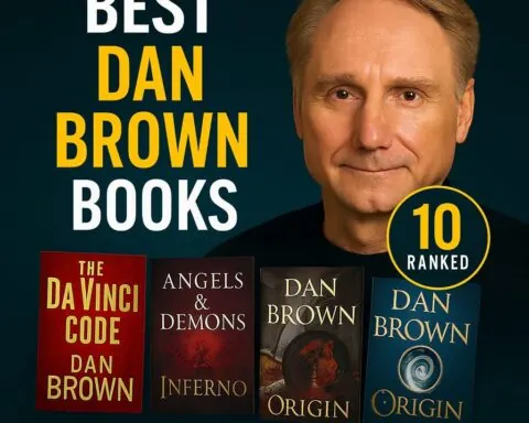 Square thumbnail on a dark teal background reading “BEST DAN BROWN BOOKS,” with Dan Brown’s portrait on the right, a yellow “10 RANKED” badge, four book jackets (“The Da Vinci Code,” “Angels & Demons,” “Inferno,” “Origin”) along the bottom, and “MAXMAG” centered at the bottom.