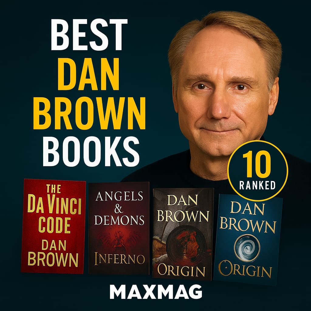 Square thumbnail on a dark teal background reading “BEST DAN BROWN BOOKS,” with Dan Brown’s portrait on the right, a yellow “10 RANKED” badge, four book jackets (“The Da Vinci Code,” “Angels & Demons,” “Inferno,” “Origin”) along the bottom, and “MAXMAG” centered at the bottom.